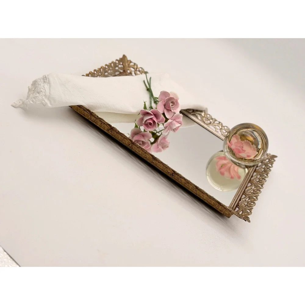 Vintage Hollywood Regency Gold Filigree Mirrored Vanity Tray Ornate Rectangular